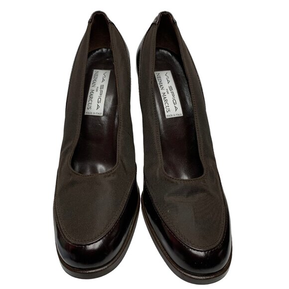 VIA SPIGA Neiman Marcus Brown Textile Leather Block‎ Heel Pumps - Picture 7 of 11